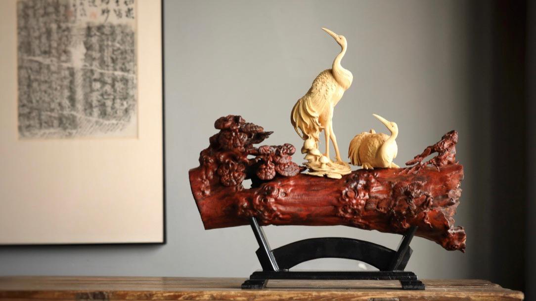 黄杨木|雅室清赏摆件，小叶紫檀镶黄杨木，松鹤延年