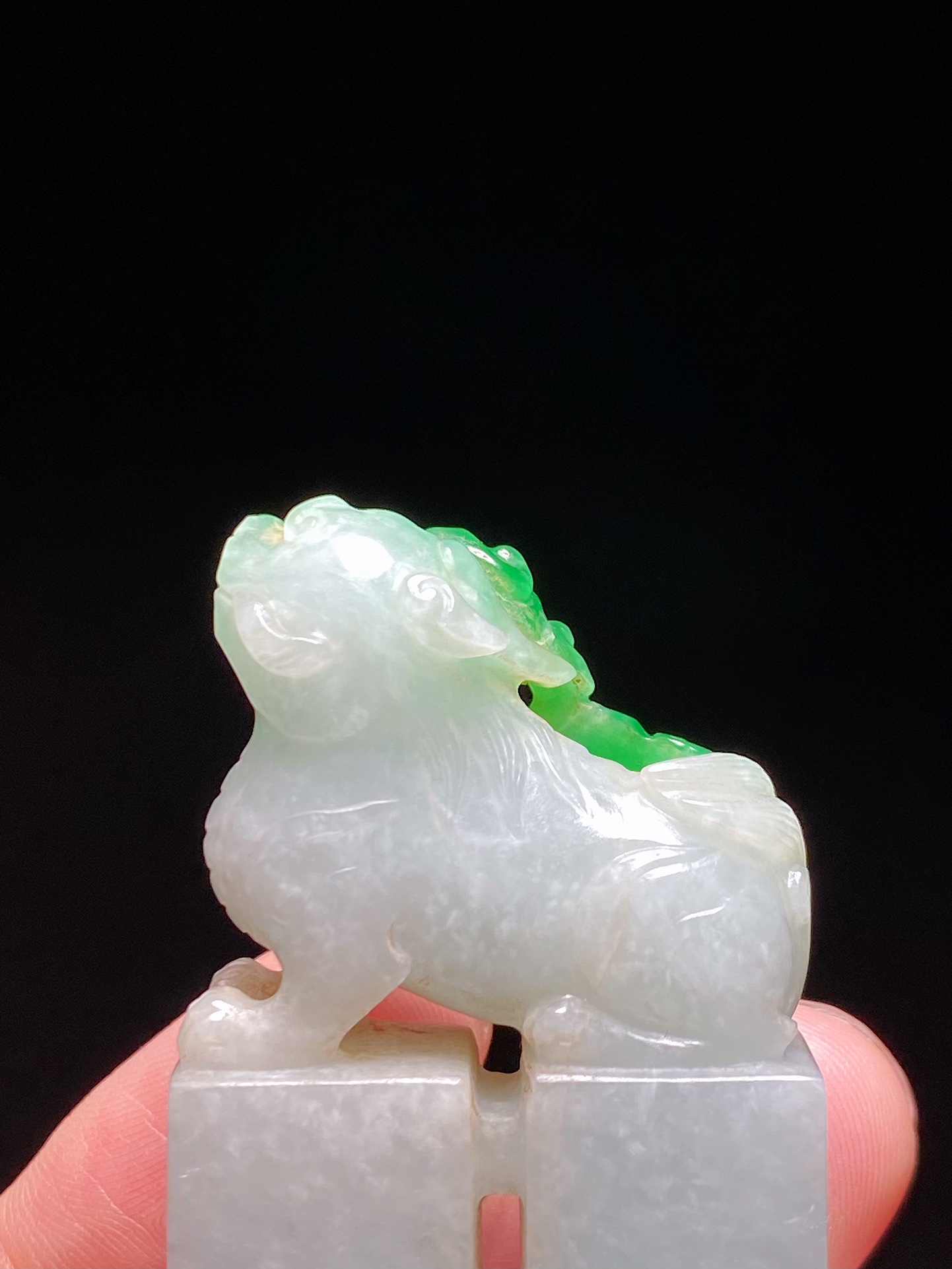 |清中期 老坑飘绿翡翠 兽钮 双联印 印章 文房