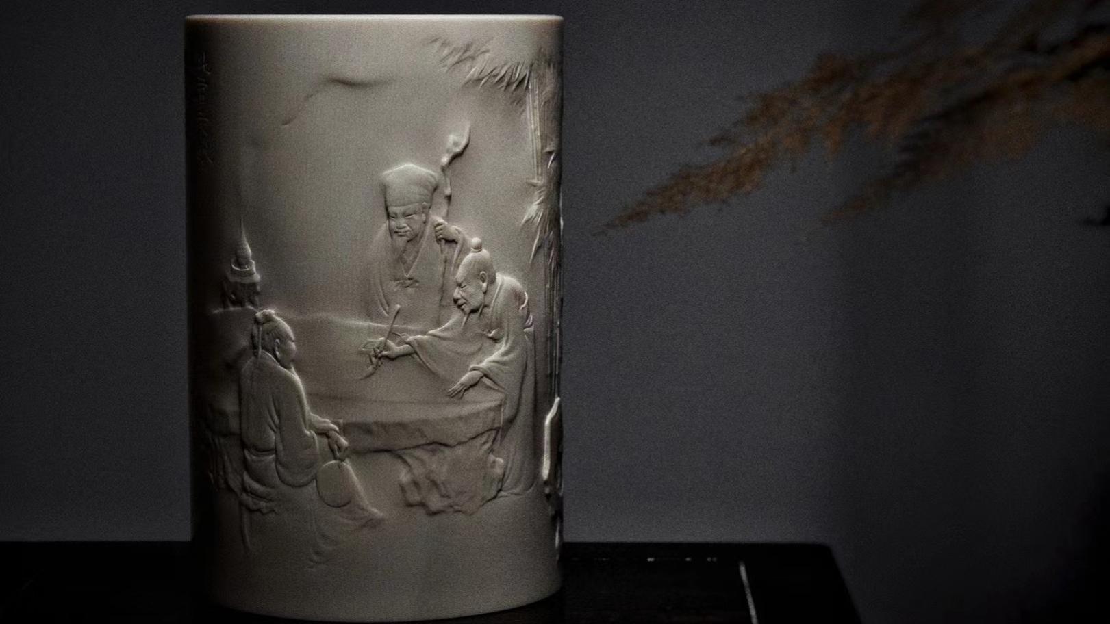 笔筒|雅藏，《观画图》，文人笔筒