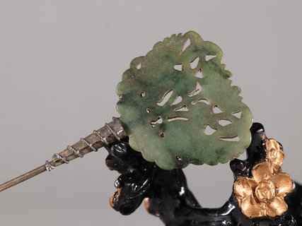 小叶紫檀|旧藏【老翡翠 鸳鸯 银簪】