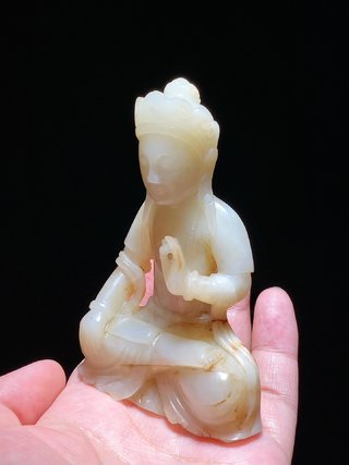 和田玉籽料|明 和田玉籽料白玉 受沁 地藏王菩萨 佛像 摆件