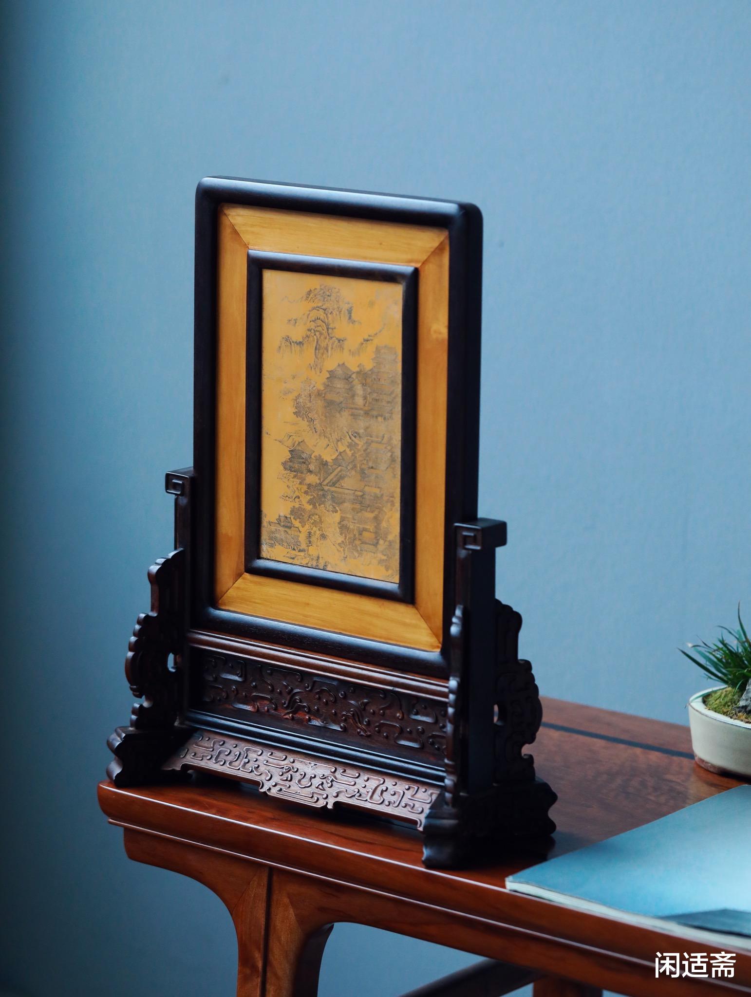 奇石|文房清供,小叶紫檀,竹黄贴雕插屏