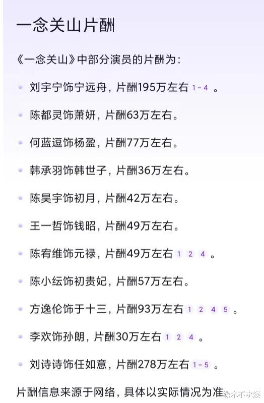 《一念关山》片酬疑曝光，刘诗诗40集拿1亿，佘诗曼一部戏46万！