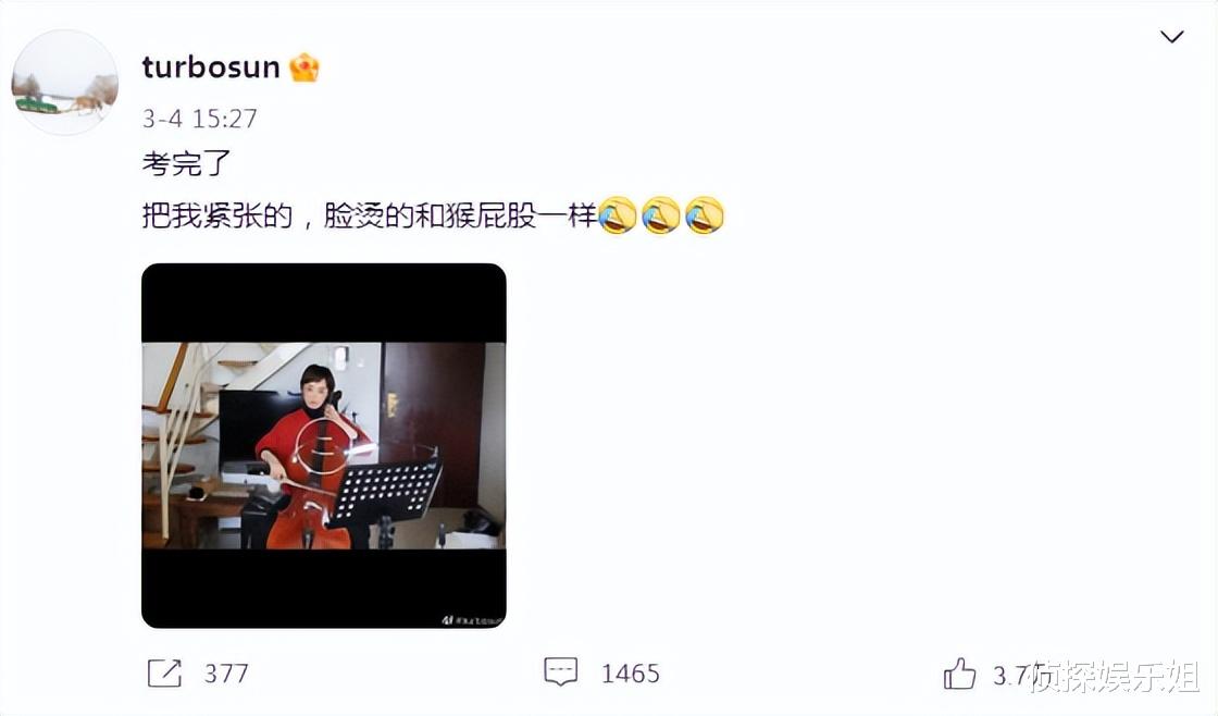 孙俪|孙俪大提琴考级成功,晒优异成绩自谦还不够完美,网友大赞全能