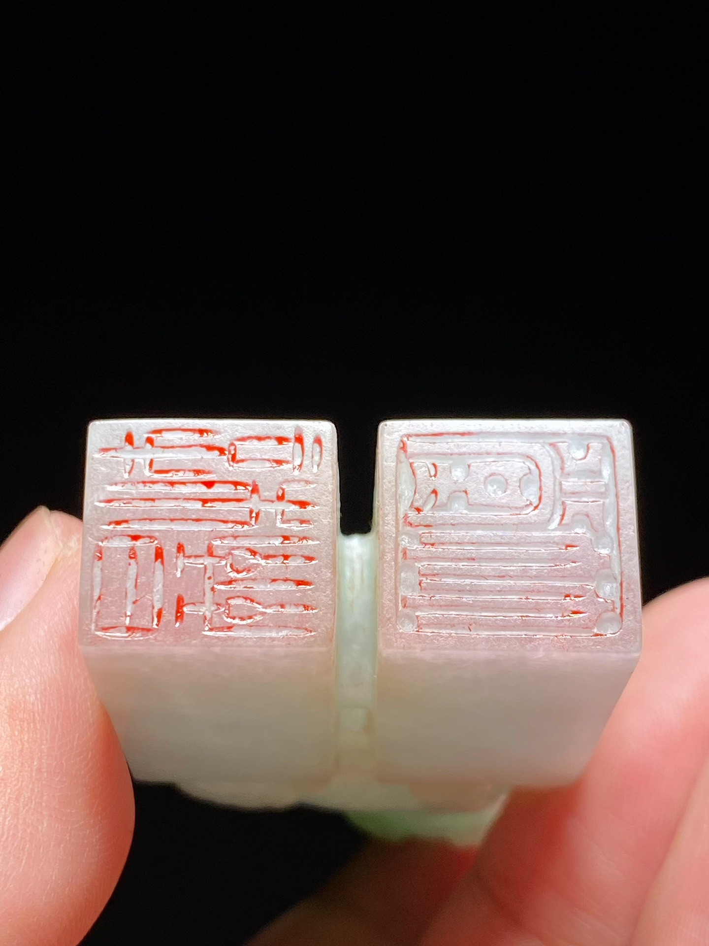 |清中期 老坑飘绿翡翠 兽钮 双联印 印章 文房