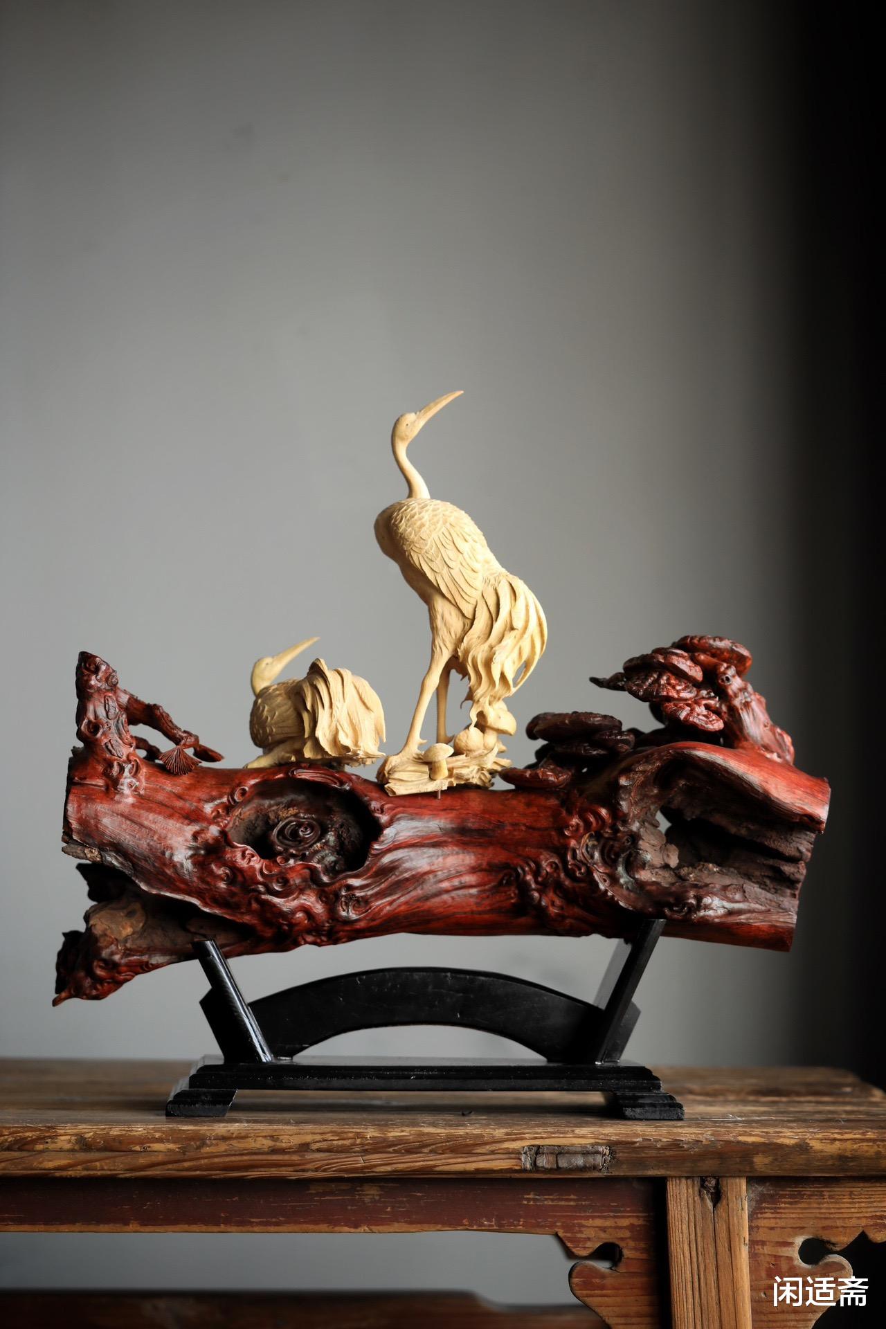 黄杨木|雅室清赏摆件，小叶紫檀镶黄杨木，松鹤延年