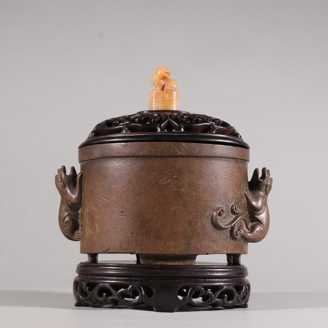 |旧藏【铜胎带紫檀木镶寿山石 瑞兽 香薰炉】