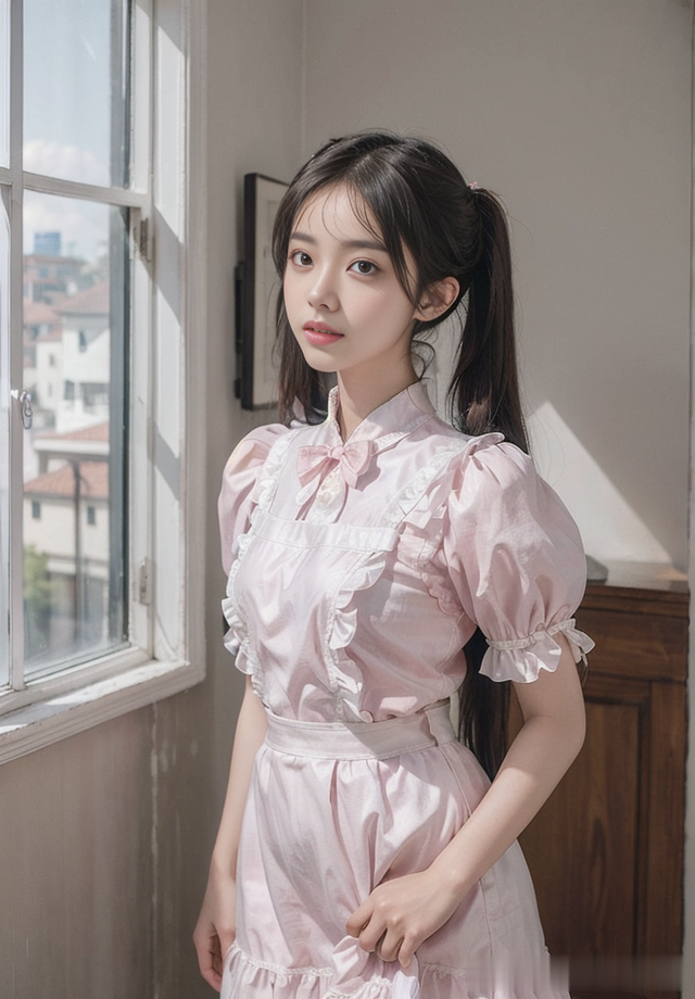 高清美女壁纸:双马尾美少女的粉色女仆装秀