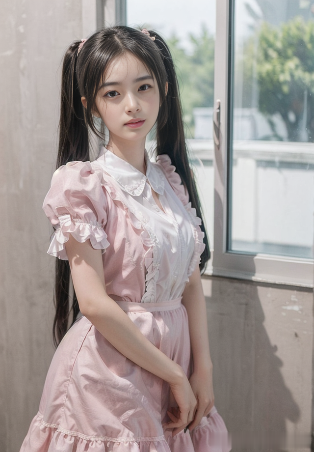 高清美女壁纸:双马尾美少女的粉色女仆装秀