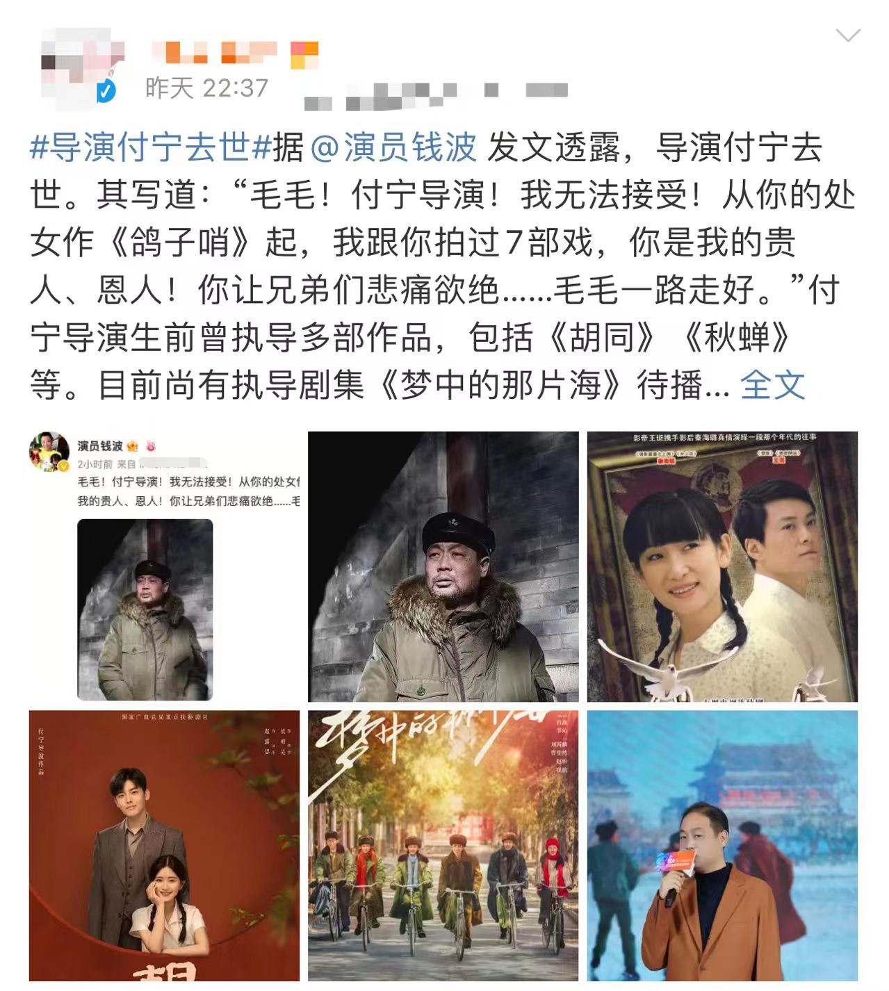 电视剧|55岁名导付宁突发疾病去世!除夕夜还开心拜年约饭,肖战发文悼念