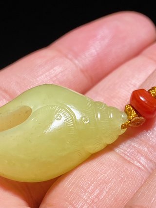 和田玉籽料|清乾隆 和田玉籽料 黄玉 海螺 佛像法螺 挂件