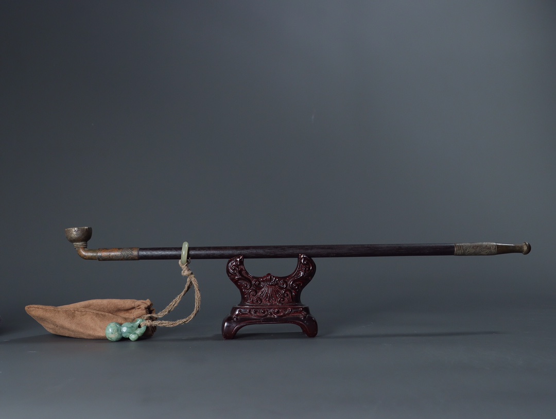 奇石|旧藏 铜制镶嵌紫檀木 搭配翡翠 老烟枪