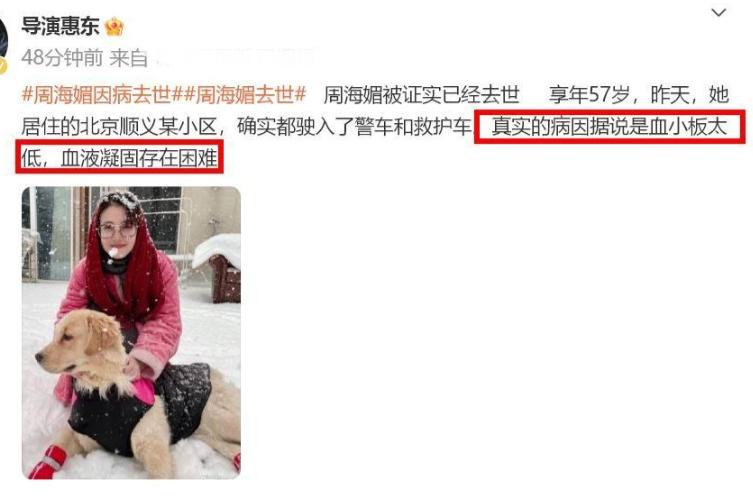 周海媚离世细节曝光:10日深夜病重,11日10点心跳停止,丧失意识