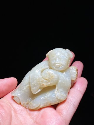 玫瑰|明 和田玉籽料 童子瑞兽 摆件 把件