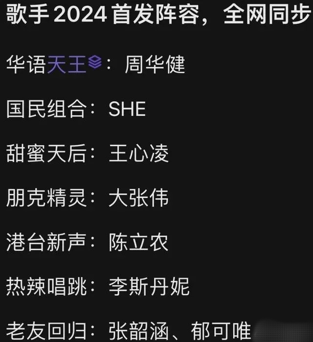 《歌手2024》首发名单曝光,周华健领衔,王心凌、张韶涵加盟