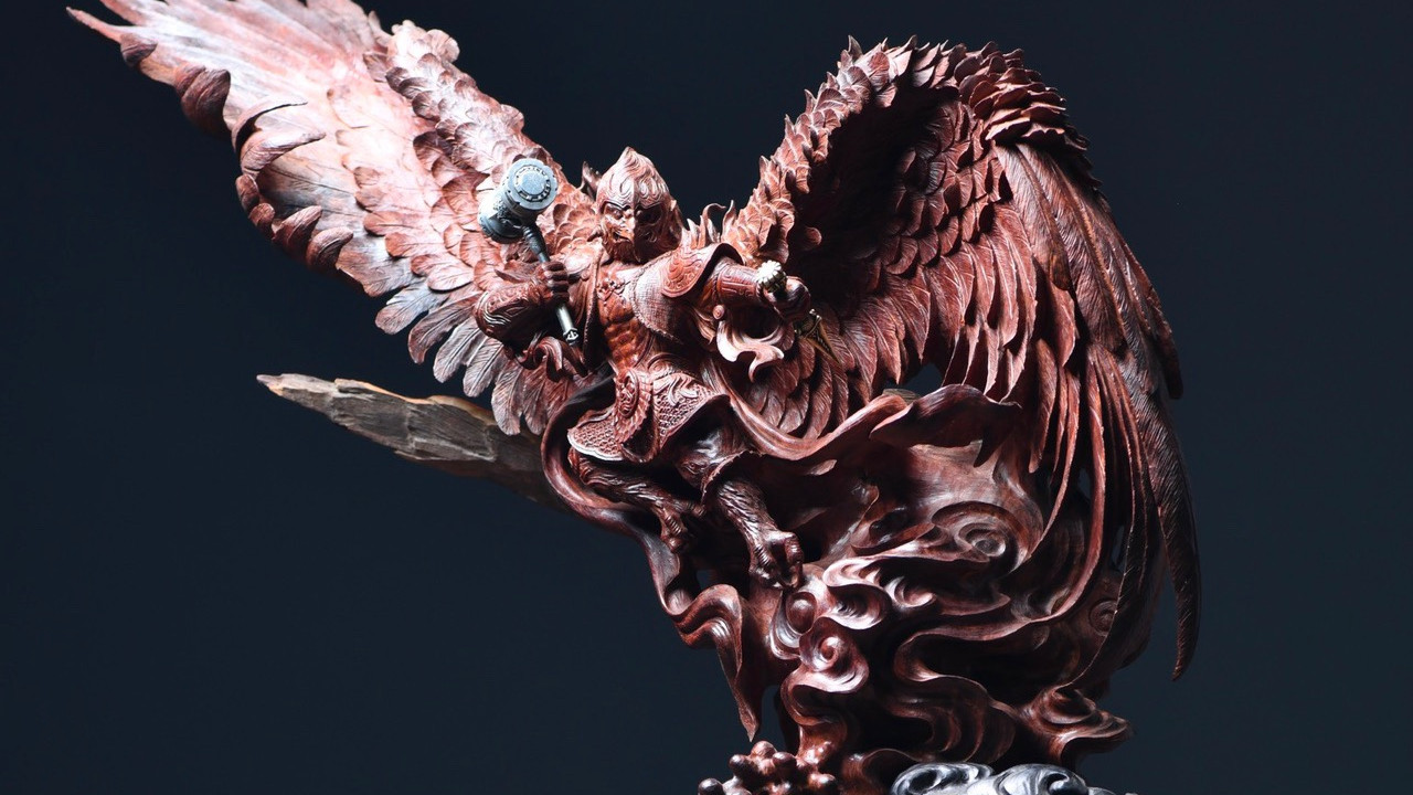 |古美艺术，紫檀木雕，雷震子