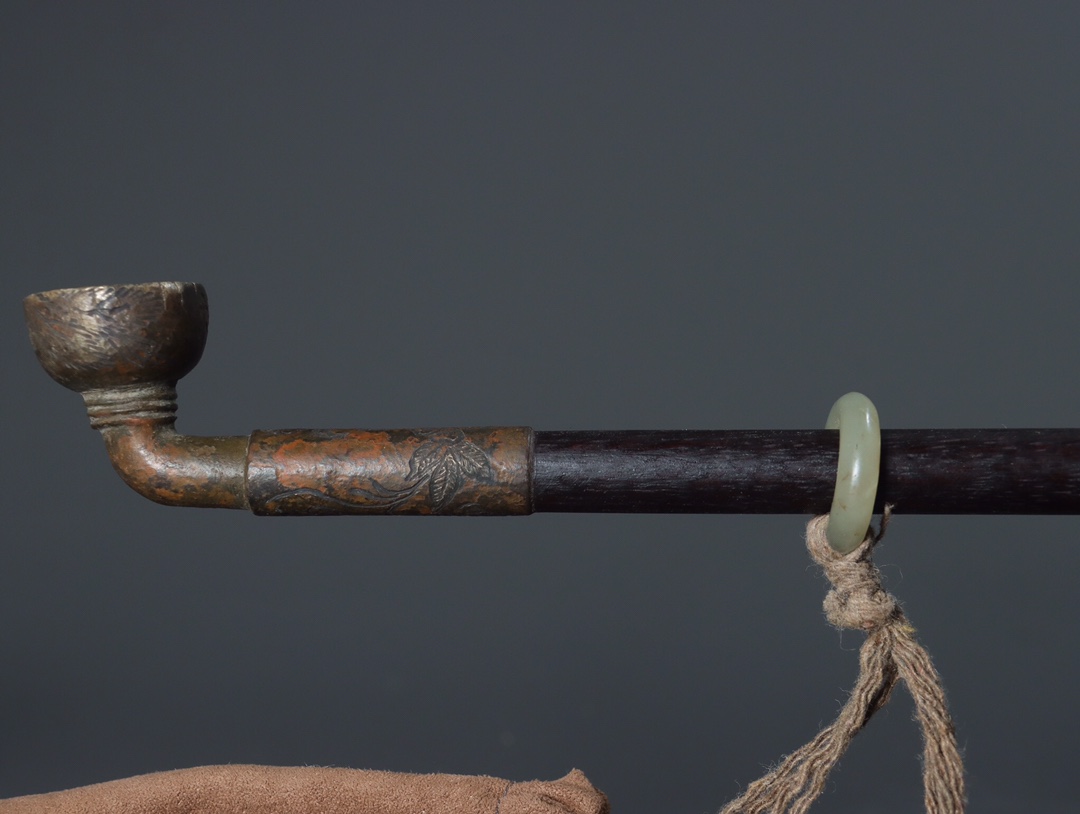 奇石|旧藏 铜制镶嵌紫檀木 搭配翡翠 老烟枪