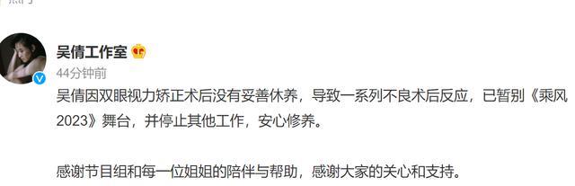 吴倩|吴倩官宣退出《乘风2023》,视力下降将暂停一切工作,止步于四公