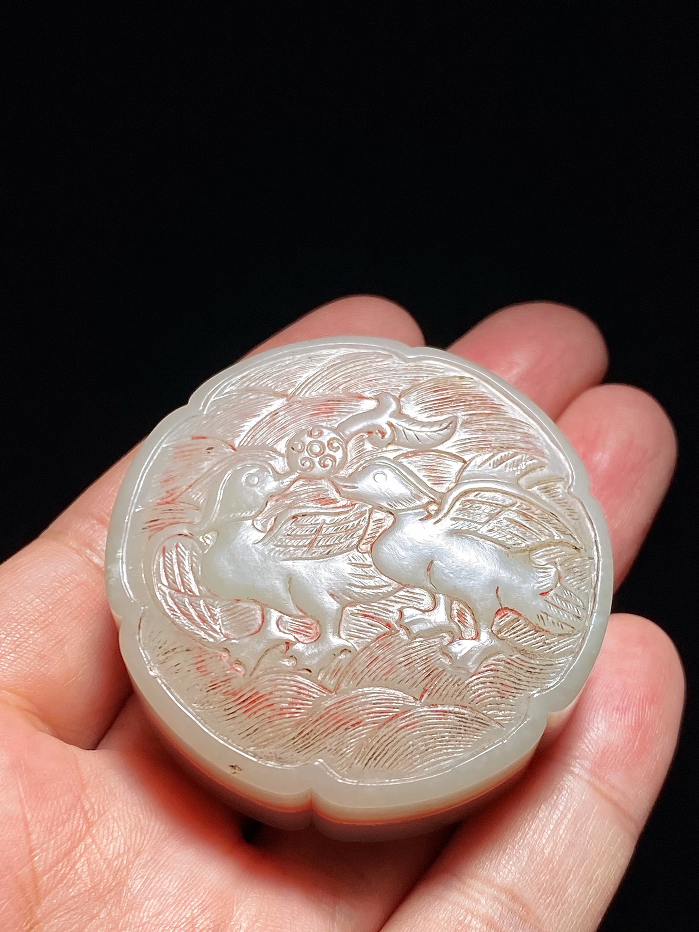 辽金 和田玉籽料 白玉 凤鸟纹 花卉形 盖盒 墨盒 文房