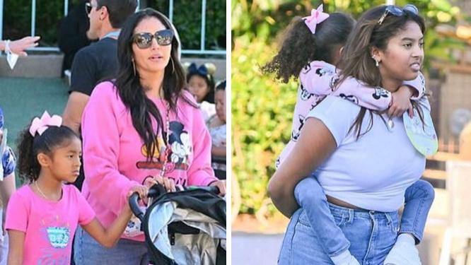 迪士尼|瓦妮莎1家4口近照！娜娜背四公主，40岁科嫂粉嫩装扮，好显年轻