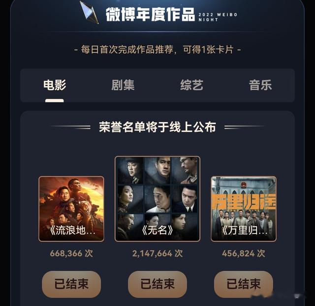 微博之夜|微博之夜票选获奖《无名》碾压《流浪地球》!肖战杨紫断层冠亚军