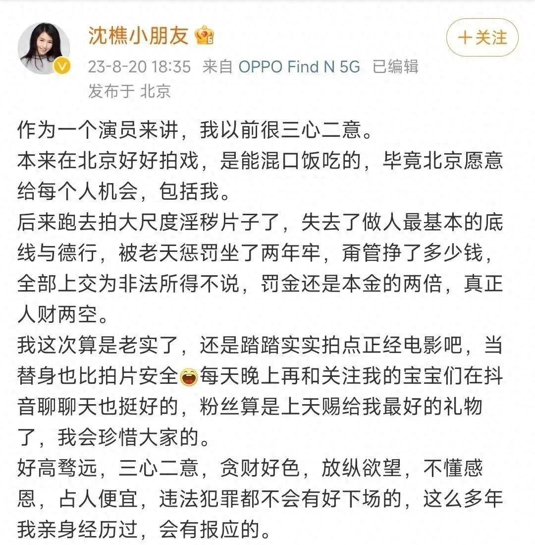 沈樵出狱：当裸替也比拍片安全，曾经的国产区话题女王回归了