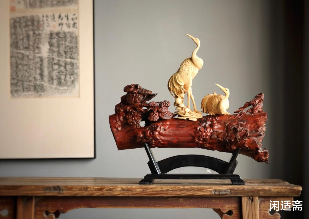 黄杨木|雅室清赏摆件，小叶紫檀镶黄杨木，松鹤延年