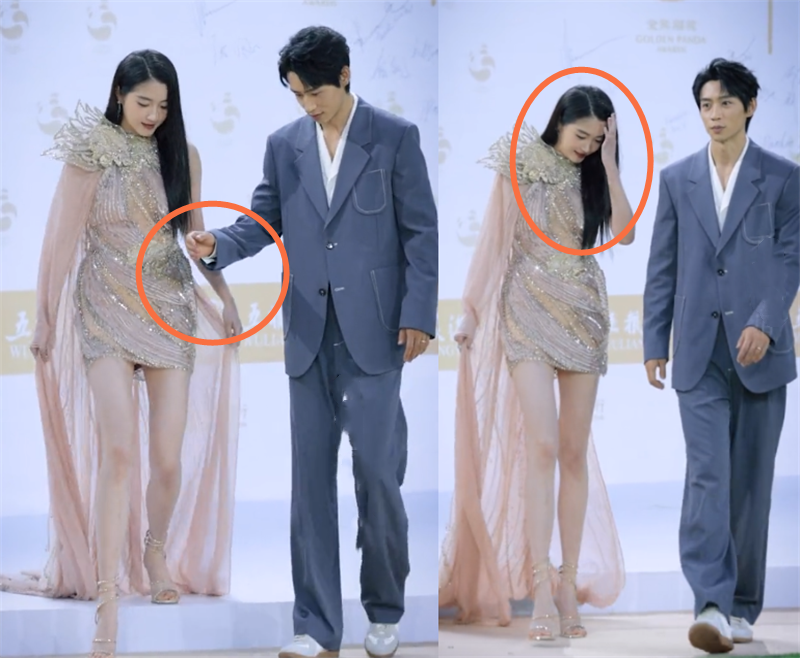 关晓彤穿高定走红毯,美腿吸睛腰部到魏晨胸口,无视对方搀扶被喷