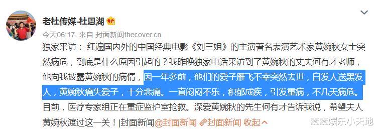 刘三姐|刘三姐病危原因公开，丈夫何有才透露：爱子雁飞一年前不幸离世