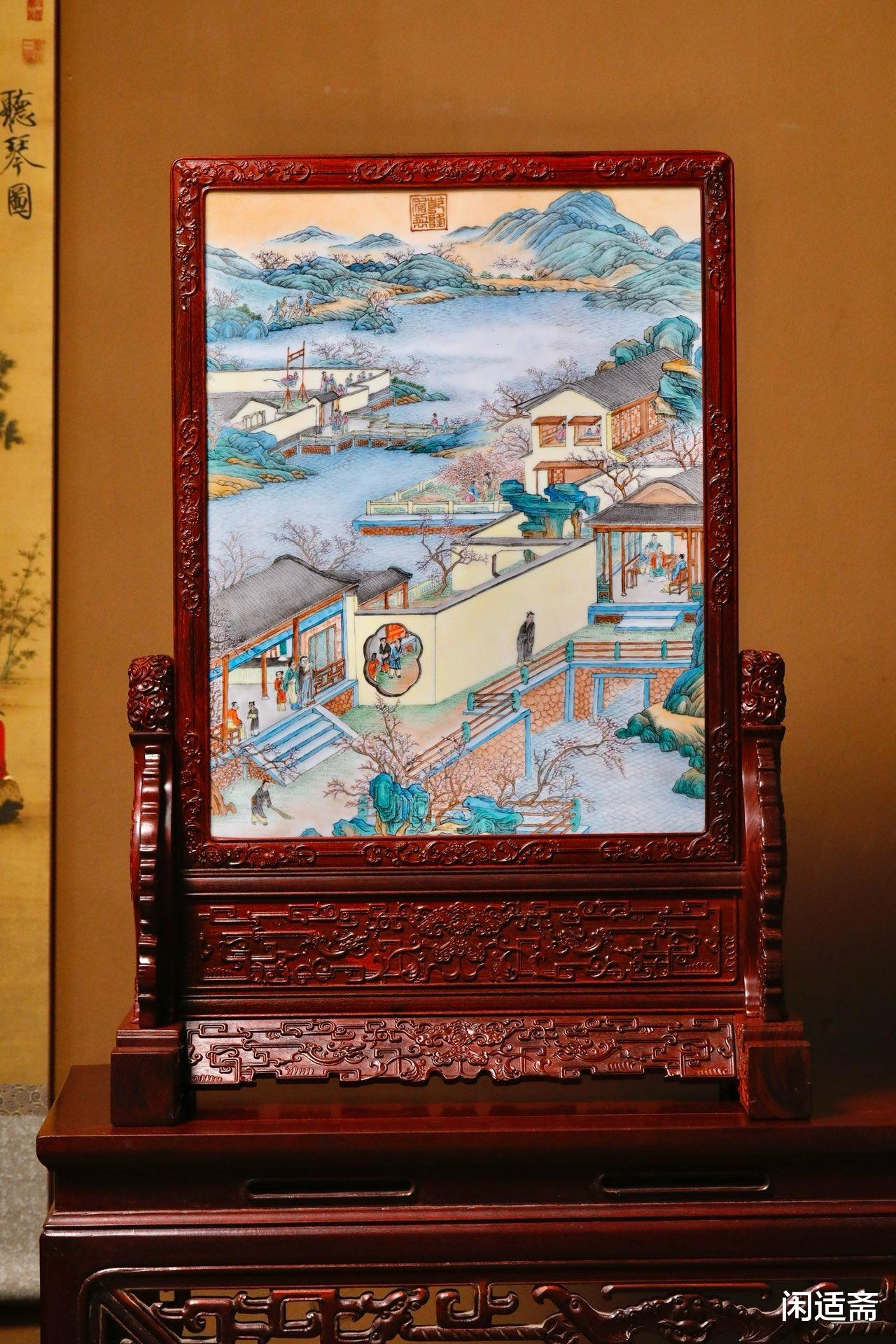 案上清供，手绘瓷板画，十二月令之二月，紫檀台屏