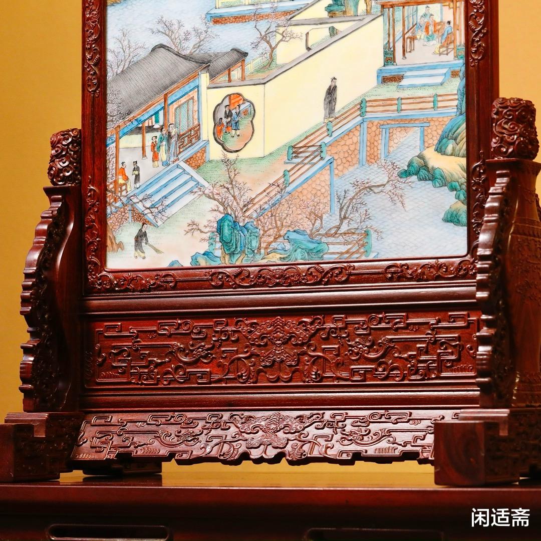 案上清供，手绘瓷板画，十二月令之二月，紫檀台屏