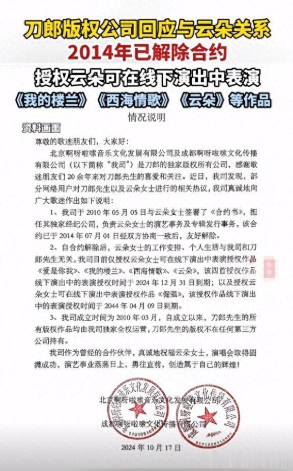 刀郎版权公司回应与云朵关系:2014年已解除合约,不再是师徒关系