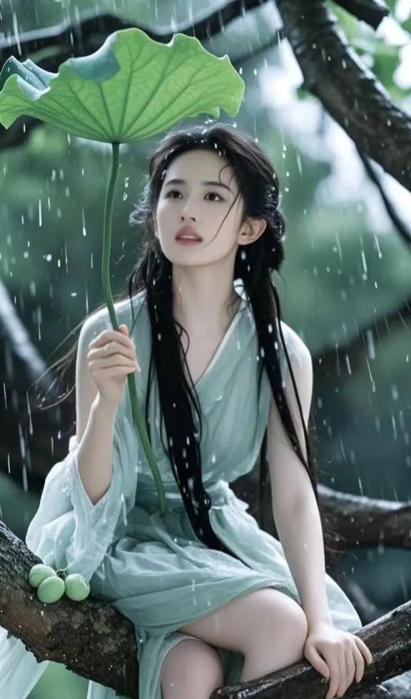 坐在树上的刘亦菲，即使被雨淋湿，那种出尘之美也丝毫未损。