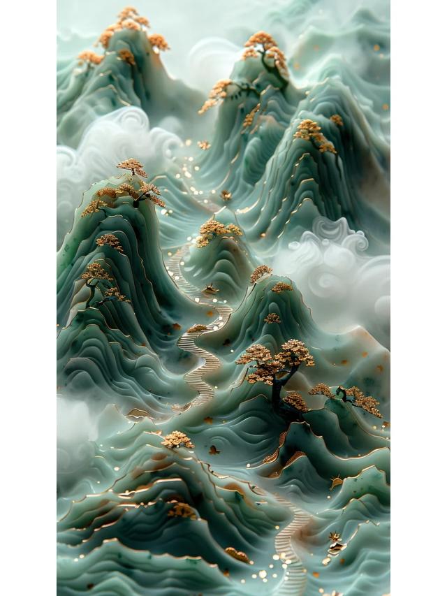 中国风壁纸｜山水之间，翡翠玉石，质感山峰鎏金壁纸