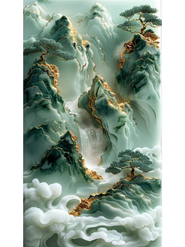 中国风壁纸｜山水之间，翡翠玉石，质感山峰鎏金壁纸