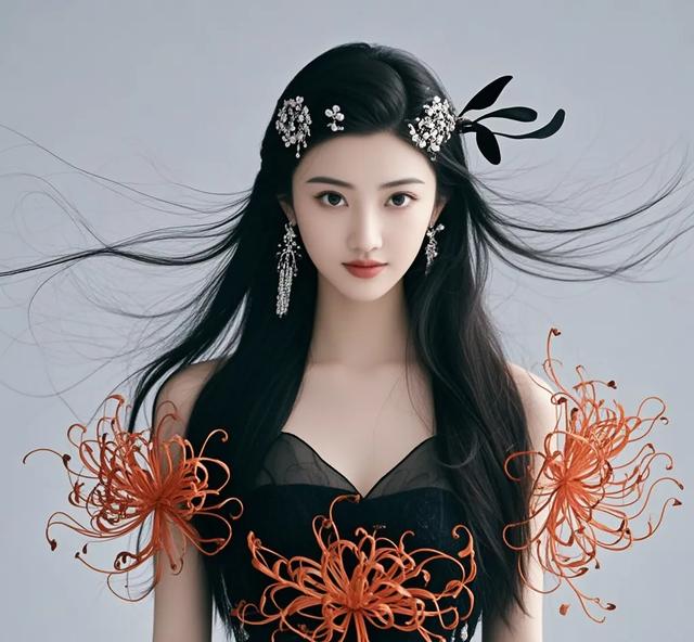 景甜身着黑色薄纱裙，宛如夜色中的精灵，优雅而迷人。