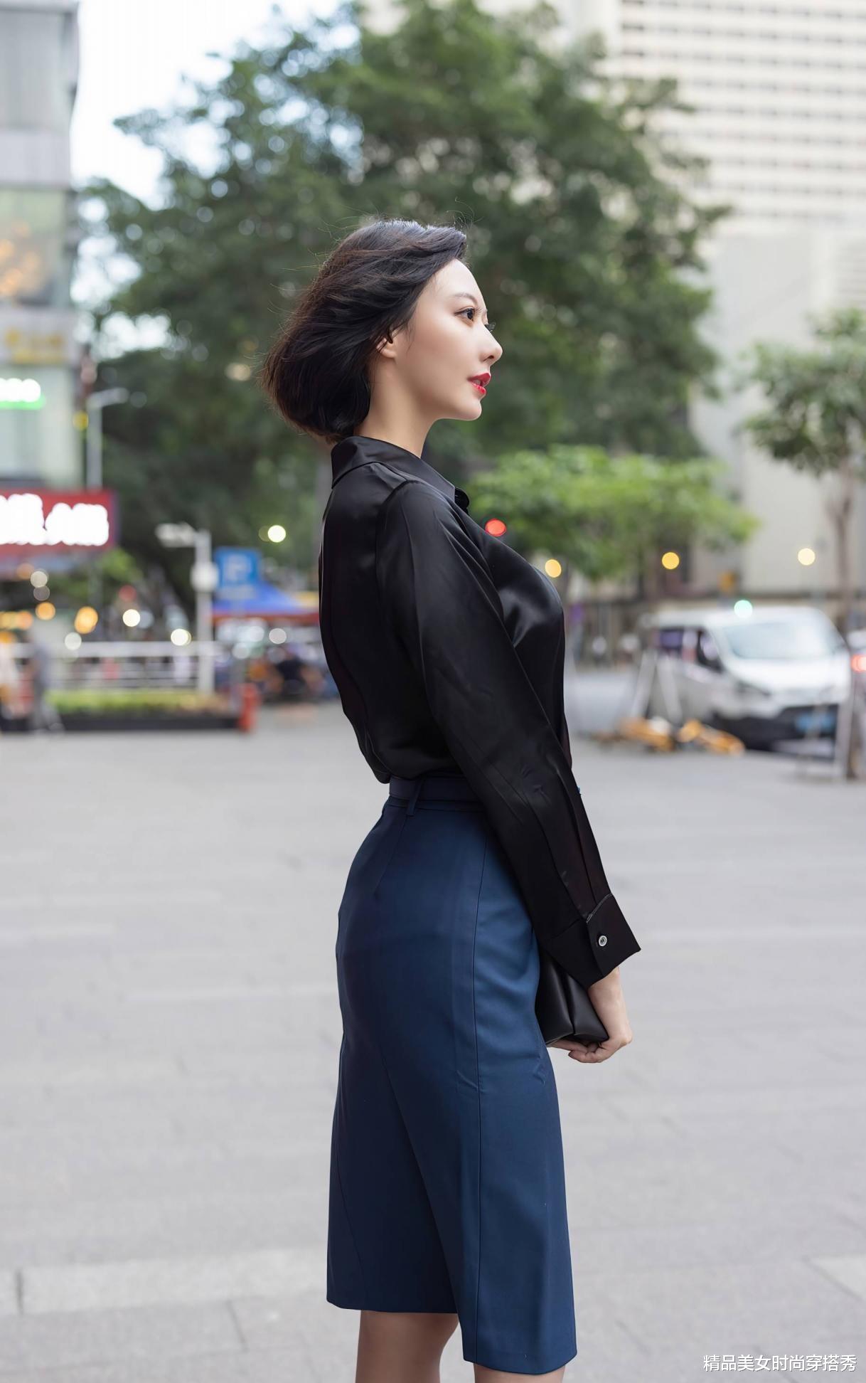 职场穿搭：黑色衬衫与深蓝色半身裙的优雅组合