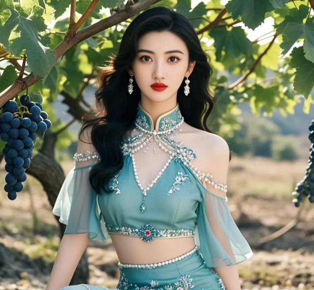 景甜一袭渐变绿色肚脐裙,宛如从画里走出的仙子。