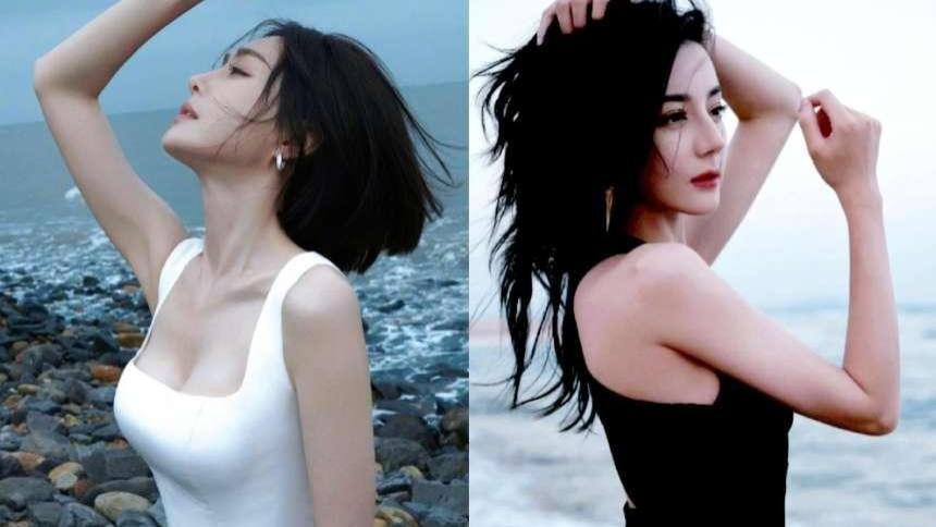 秦岚和迪丽热巴都在海边拍写真，一个苗条惊艳！一个丰腴成熟迷人