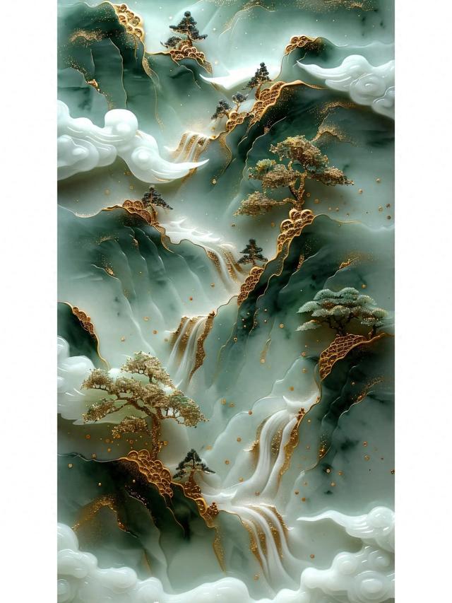 中国风壁纸｜山水之间，翡翠玉石，质感山峰鎏金壁纸