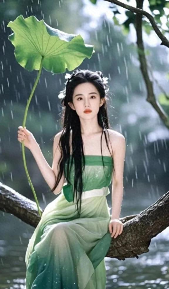 坐在树上的刘亦菲，即使被雨淋湿，那种出尘之美也丝毫未损。