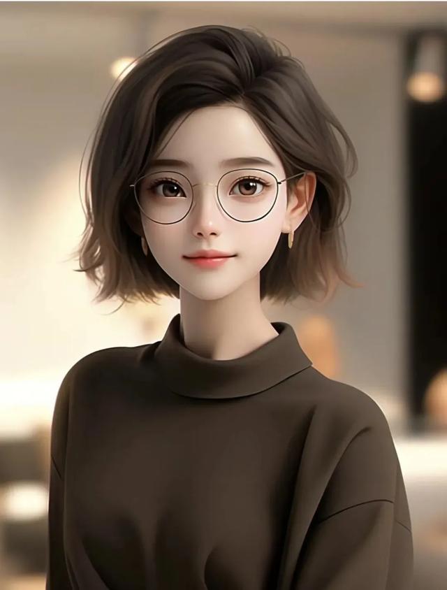 短发眼镜女生，娴静淡雅好漂亮