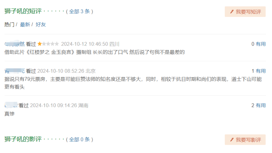 笑话了！16天票房144元，《狮子吼》电影成年度票房最低