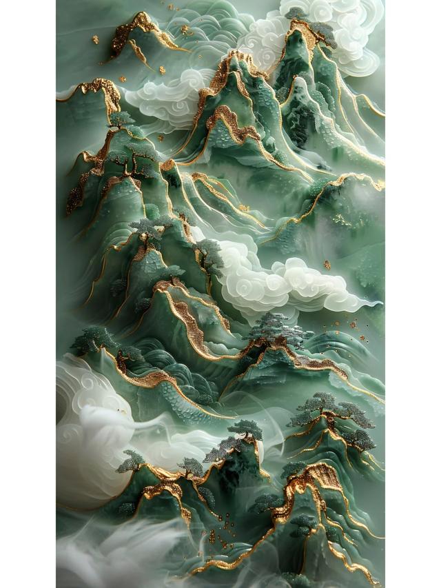 中国风壁纸｜山水之间，翡翠玉石，质感山峰鎏金壁纸