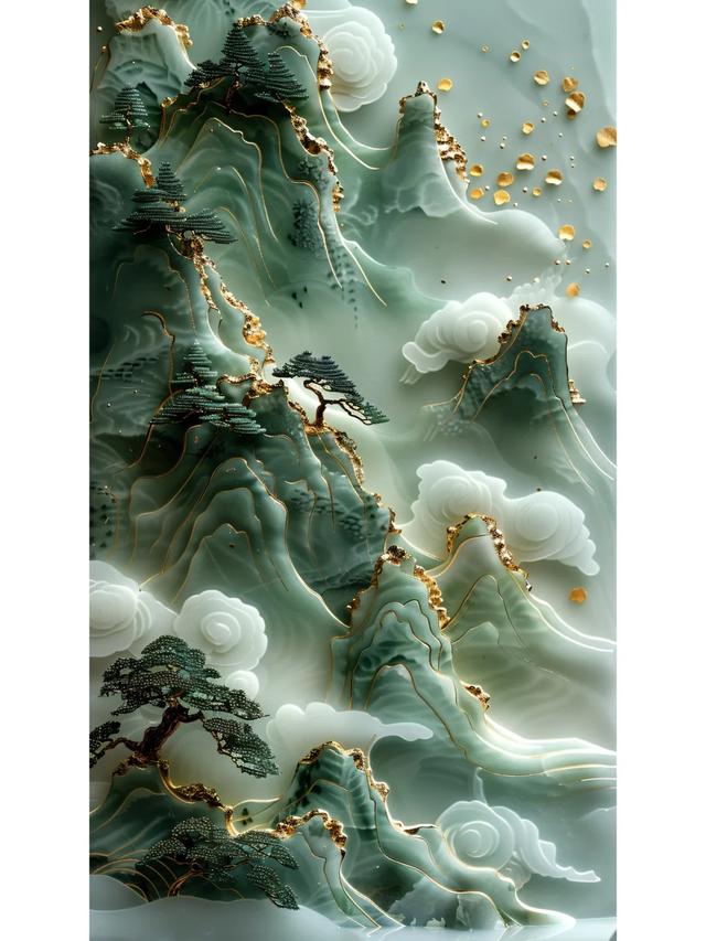 中国风壁纸｜山水之间，翡翠玉石，质感山峰鎏金壁纸