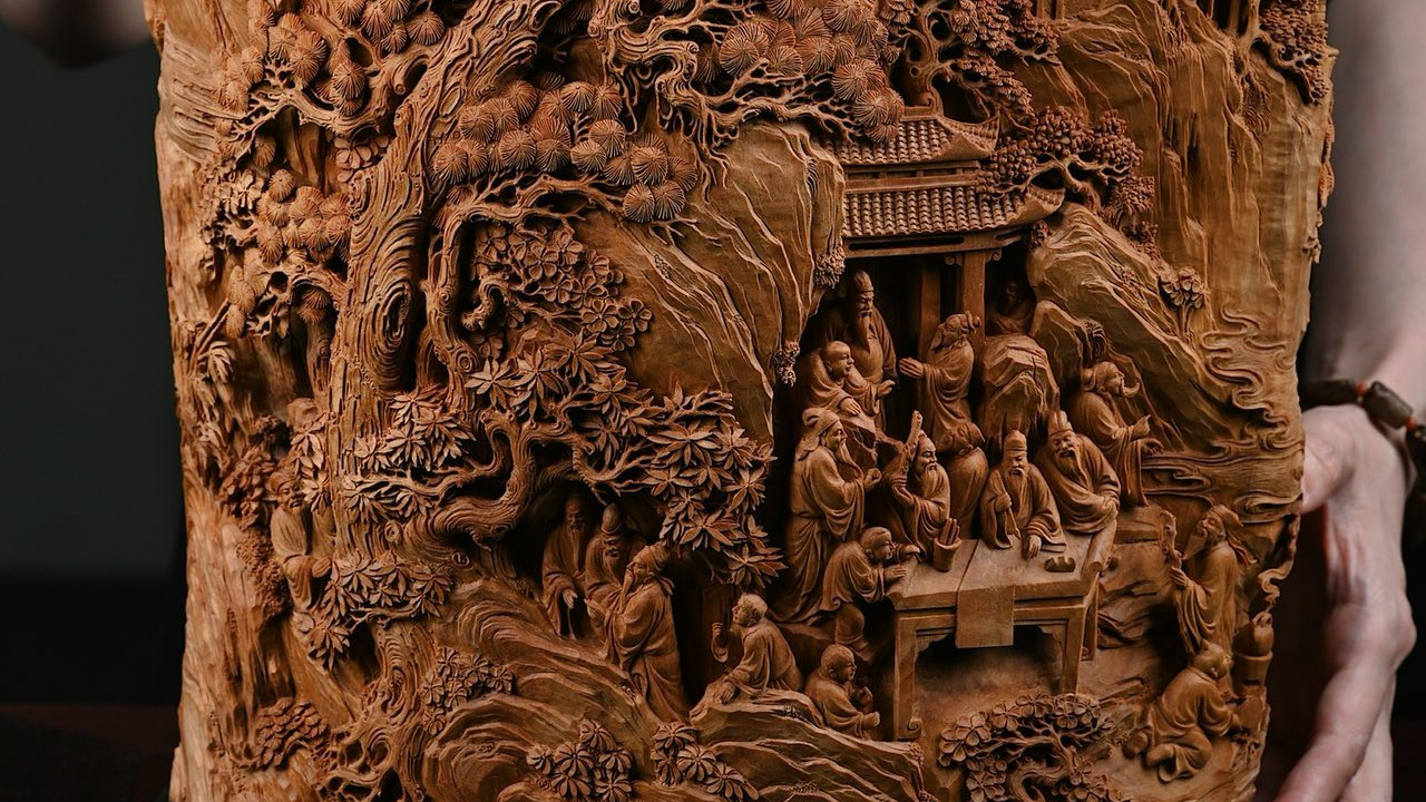 收藏级重器，老山檀香，十八学士图大笔筒