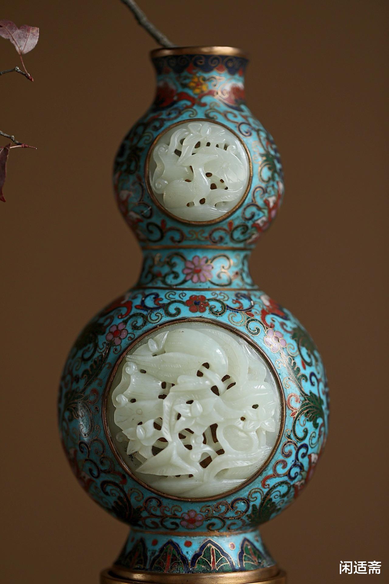 明清宫廷赏瓶，景泰蓝镶和田玉，葫芦瓶花器