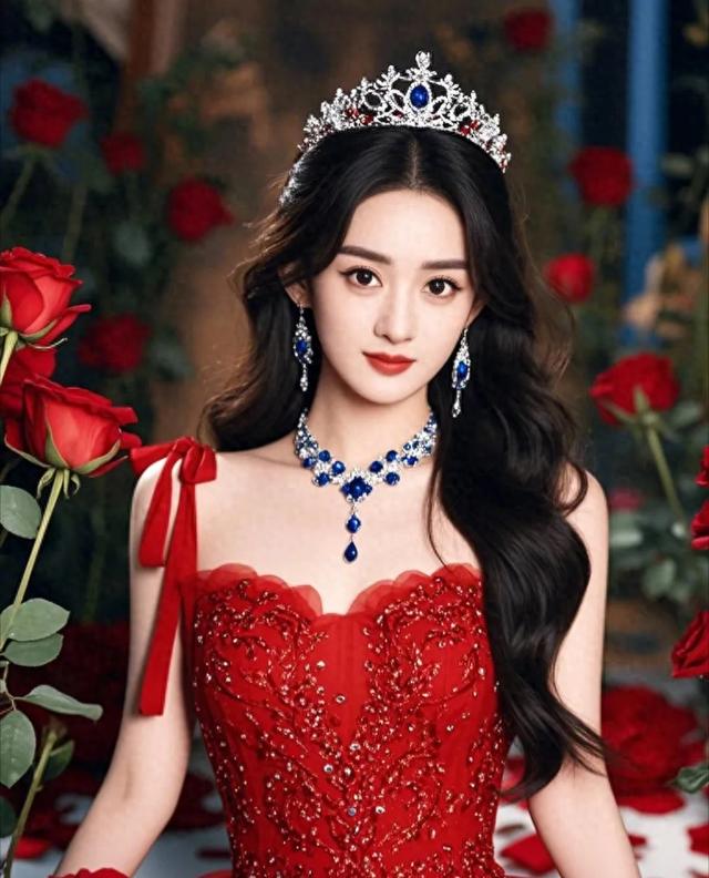 赵丽颖身着红裙礼服，宛如一朵盛开的娇艳玫瑰。