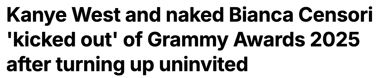 坎耶和妻子比安卡未经邀请现身格莱美颁奖典礼,随后便被赶出来