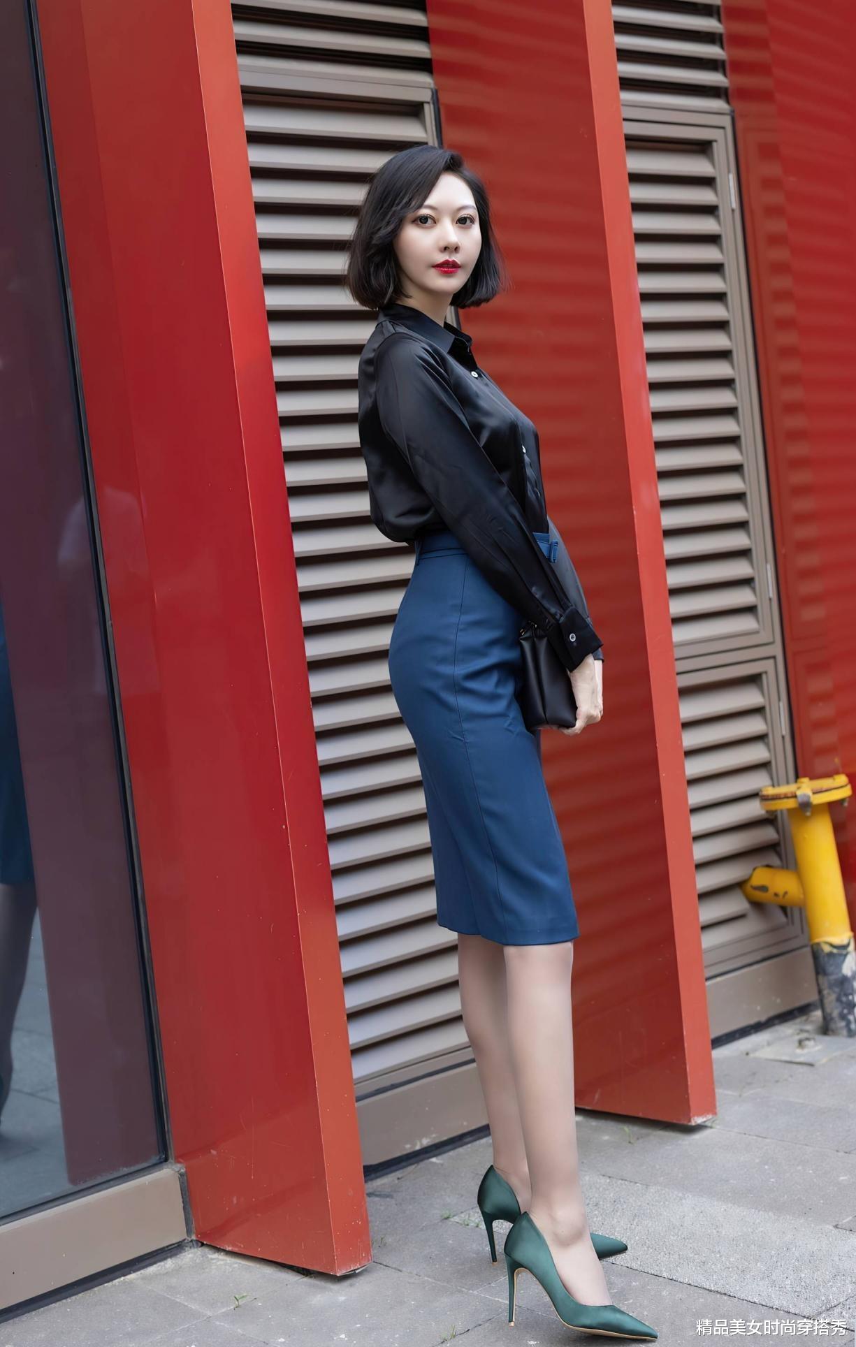 职场穿搭：黑色衬衫与深蓝色半身裙的优雅组合